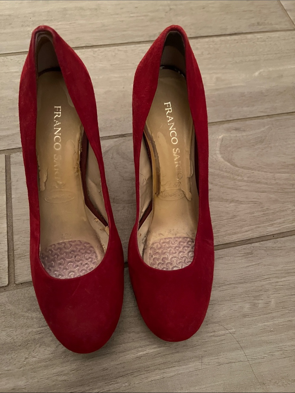 Franco Sarto red suede pumps lacquer heels